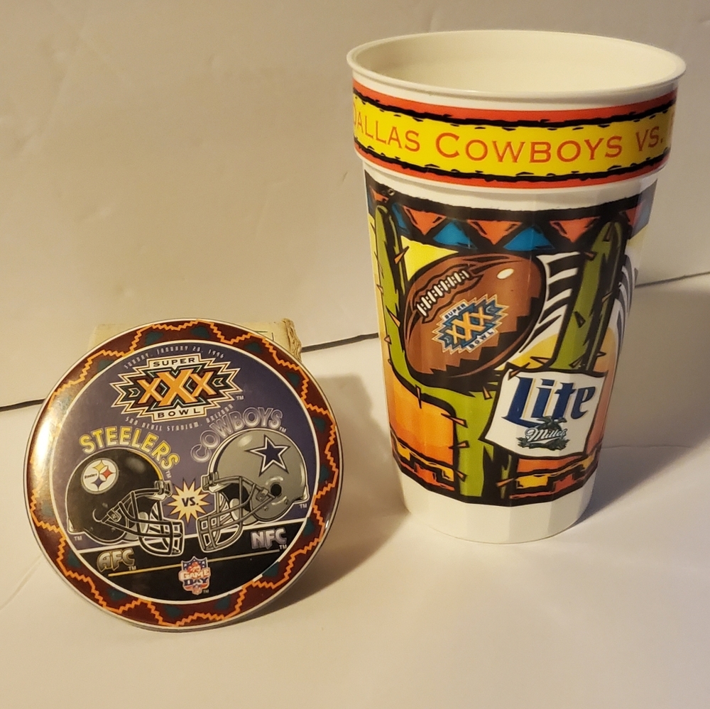 Super Bowl XXX lot of Miller Lite cup and Button